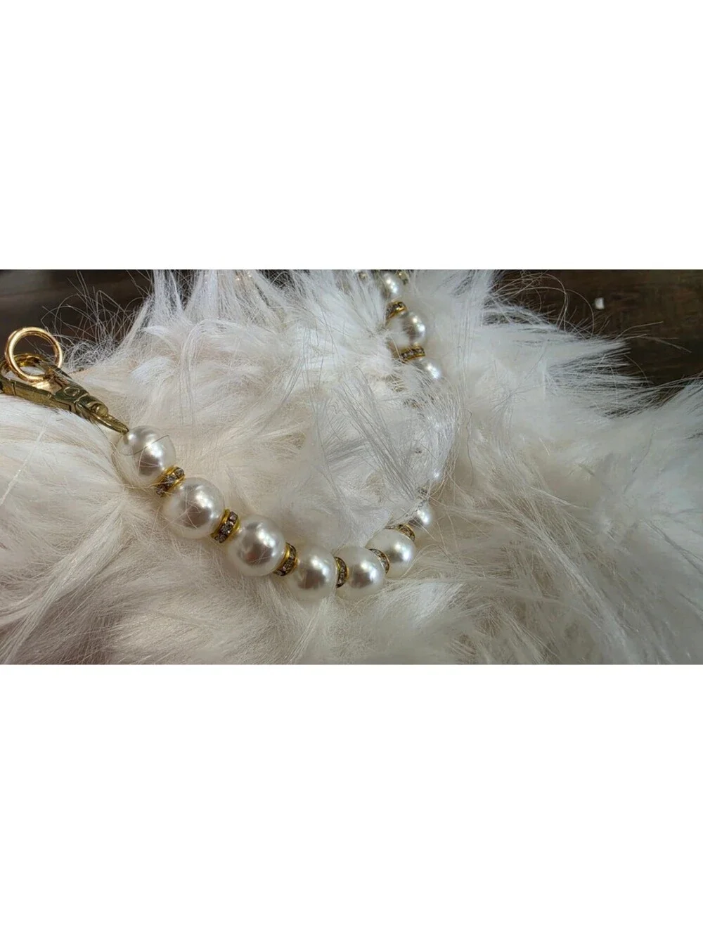 White Faux Fur Clutch Bag with Pearl Handle and Gold Frame